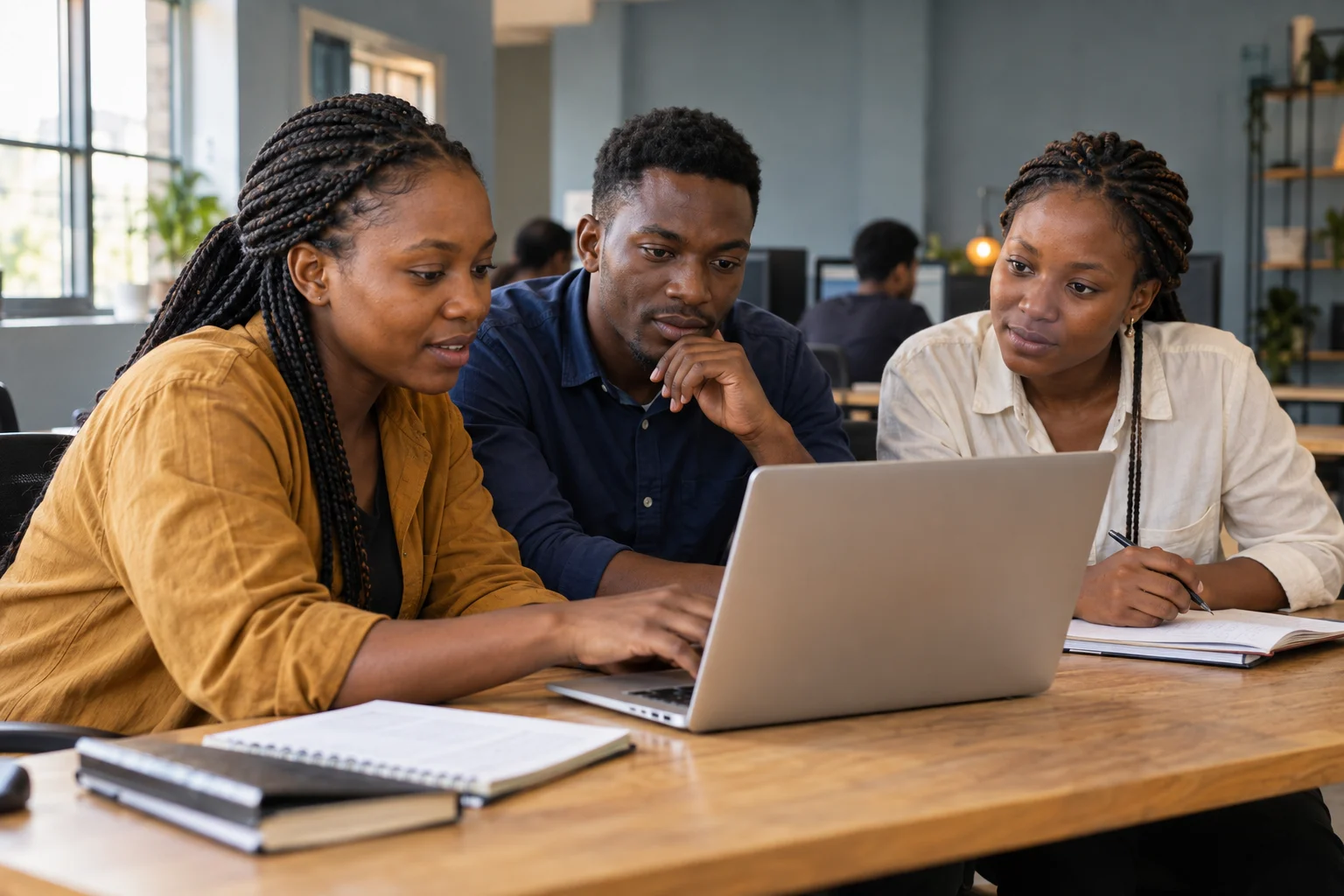 Illustrative scene of learners sharing ideas around a laptop